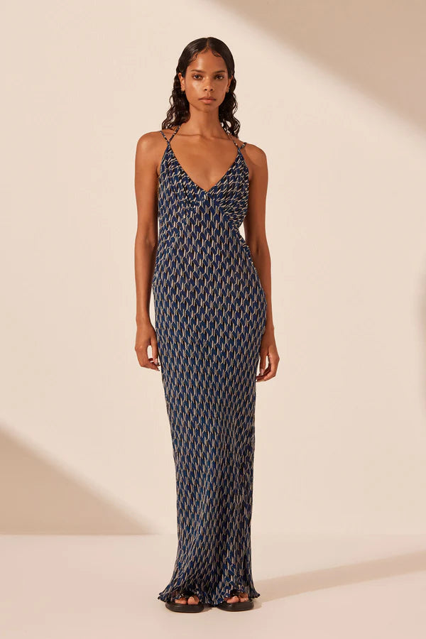 Shona Joy Renata Layered Halter Plunged Slip Maxi Dress.