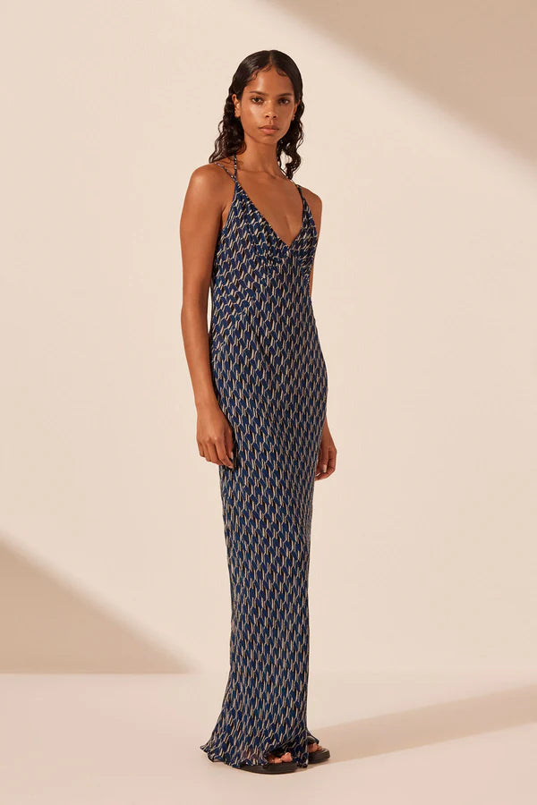 Shona Joy Renata Layered Halter Plunged Slip Maxi Dress.